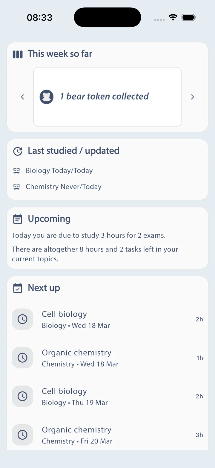 Overview Owl dashboard showing recent study momentum