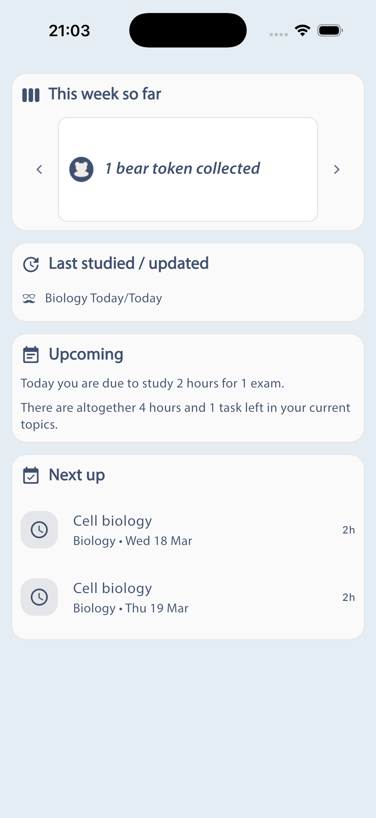 Overview Owl dashboard showing recent study momentum