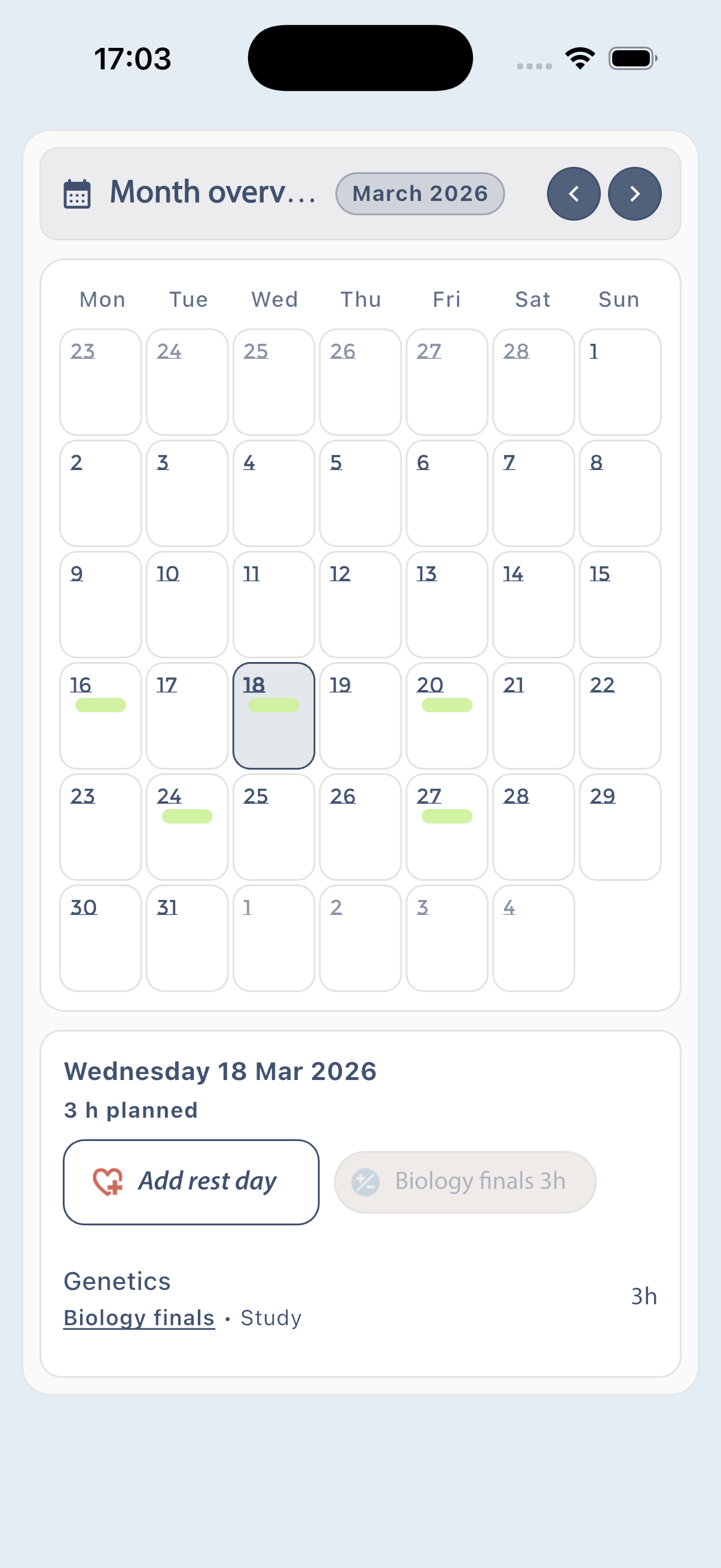 Planner Pig monthly planning screen