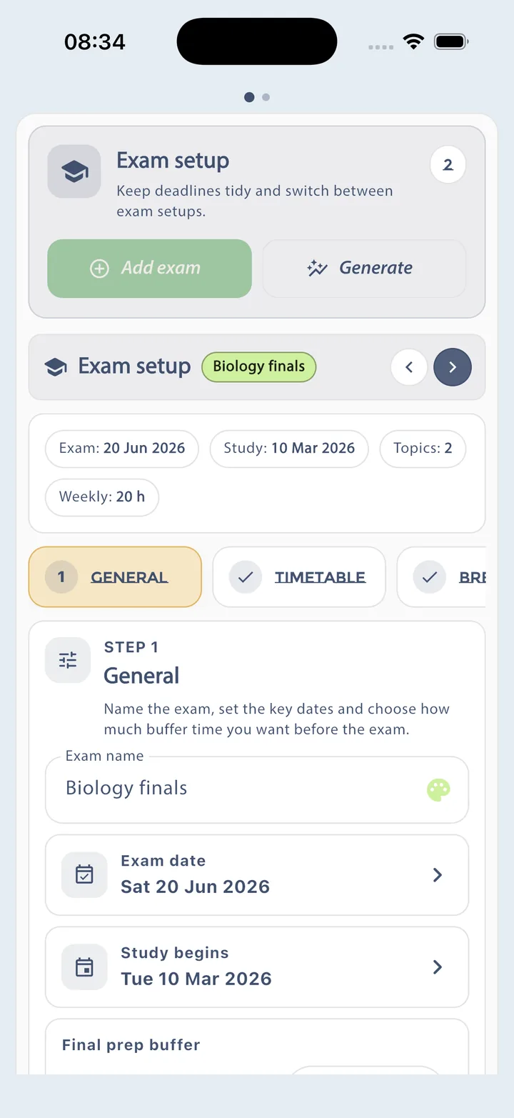 Planner Pig exam setup screen