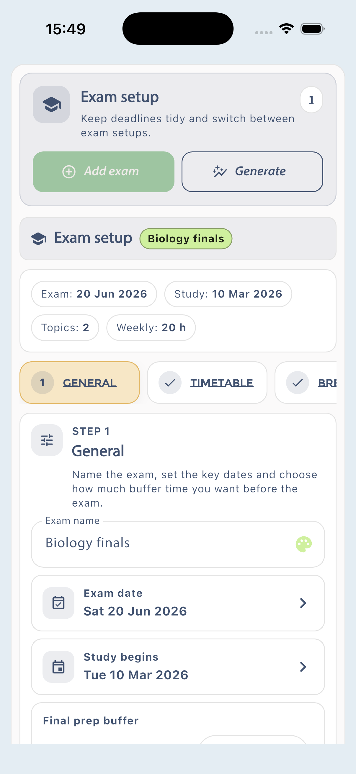Planner Pig exam setup screen